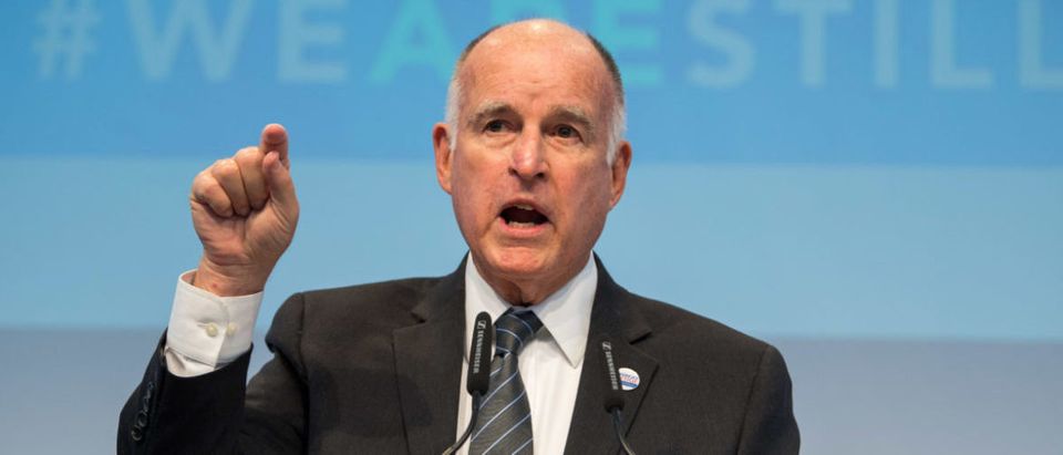 BONN, GERMANY - NOVEMBER 11: California Governor Jerry Brown, talks during a discussion at the America's Pledge launch event at the U.S. "We Are Still In" pavilion at the COP 23 United Nations Climate Change Conference on November 11, 2017 in Bonn, Germany. America's Pledge is a report detailing the efforts of U.S. states, cities and businesses to keep America on line in fulfilling goals towards carbon reduction set out by the Paris Climate Agreement. U.S. President Donald Trump has announced that the U.S. is withdrawing from the accord and the White House is sending its own delegation of fossil fuel supporters to the COP 23 conference next week to make the case for the continued role of coal and petroleum in world energy needs. (Photo by Lukas Schulze/Getty Images)