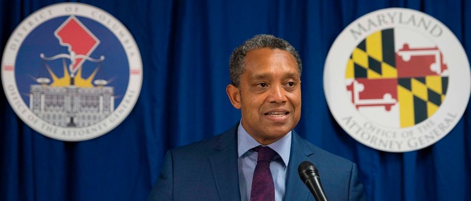 Washington, DC, Attorney General Karl Racine speaks during a press conference announcing in Washington, DC, on June 12, 2017. Racine and Maryland Attorney General Brian Frosh announced plans to file a lawsuit against US President Donald Trump arguing he is violating anti-corruption clauses in the Constitution by allowing his businesses to accept payments from foreign governments. (WATSON/AFP/Getty Images)