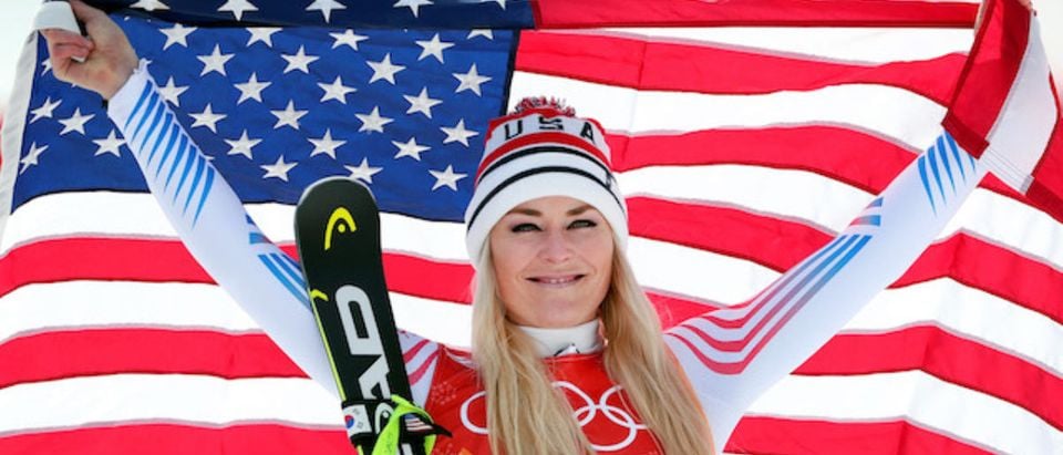 Bronze medallist Lindsey Vonn of the United States celebrates during the victory ceremony for the Ladies' Downhill on day 12 of the PyeongChang 2018 Winter Olympic Games at Jeongseon Alpine Centre on February 21, 2018 in Pyeongchang-gun, South Korea. (Photo by Tom Pennington/Getty Images)