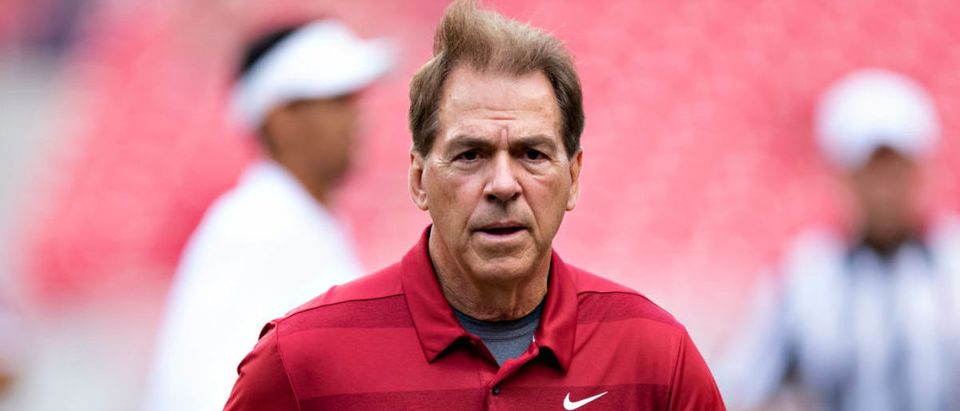 FAYETTEVILLE, AR - OCTOBER 6: Head Coach Nick Saban of the Alabama Crimson Tide jogs off the field before a game against the Arkansas Razorbacks at Razorback Stadium on October 6, 2018 in Tuscaloosa, Alabama. (Photo by Wesley Hitt/Getty Images)