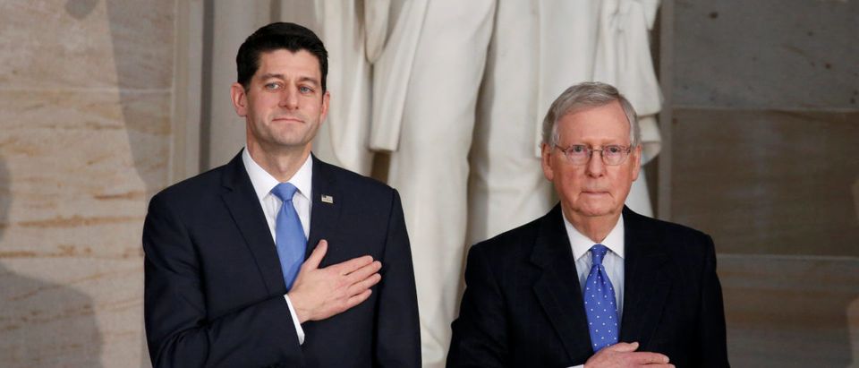 Speaker of the House Paul Ryan (R-WI) and Senate Majority Leader Mitch McConnell (R-KY) stand during a Congressional Gold Medal ceremony in Washington