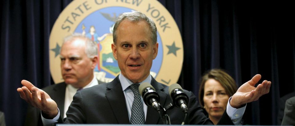 New York Attorney General Eric Schneiderman speaks at a news conference with other U.S. State Attorney's General to announce a state-based effort to combat climate change in the Manhattan borough of New York