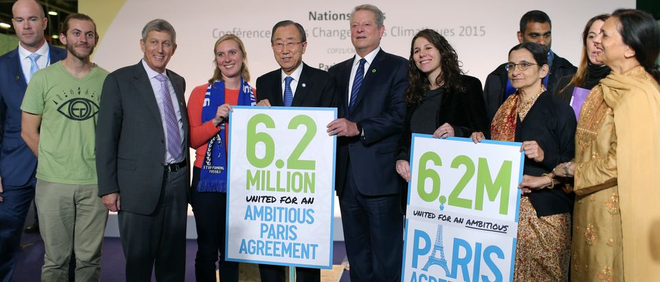 United Nations Secretary-General Ban Ki-moon (5thL) and Al Gore (6thL), former U.S. Vice President and Climate Reality Project Chairman, pose with representative of NGO's, during the World Climate Change Conference 2015 (COP21) at Le Bourget, near Paris, France, December 10, 2015. REUTERS/Stephane Mahe