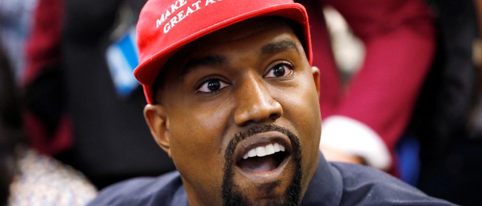 Rapper Kanye West speaks during a meeting with President Trump in the Oval Office at the White House in Washington