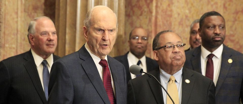 SALT LAKE CITY, UT - MAY 17: (L-R) President of the Mormon Church Russell M. Nelson, Leon W. Russell Chairman of the Board of Directors of the NAACP, and Derrick Johnson President and CEO of the NAACP, talk at a press conference at The Church of Jesus Christ of Latter Day Saints Administration Building on May 17, 2018 in Salt Lake City, Utah. The Mormon church and NAAP leaders, issued a joint statement after meeting, to increased corporation on humanitarian efforts around the world and encourage people to bridge difference and come together. This coming June 8th will be the 40th anniversary of the Mormon Church lifting its bad on black men receiving the Mormon priesthood and black woman not being permitted to enter the churches temples. (Photo by George Frey/Getty Images)