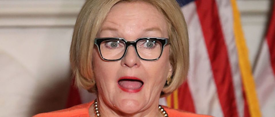 Sen. Claire McCaskill (D-MO) speaks a proposed protection plan for people with pre-existing health conditions, during a news conference on Capitol Hill July 19, 2018 in Washington, DC