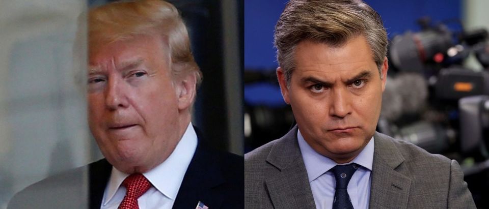 LEFT: President Donald Trump is seen at the Elysee Palace on the eve of the commemoration ceremony for Armistice Day, 100 years after the end of the First World War, in Paris, November 10, 2018. REUTERS/Vincent Kessler. RIGHT: CNN White House correspondent Jim Acosta attends a press briefing at the White House in Washington, D.C., August 2, 2018. REUTERS/Carlos Barria/File Photo