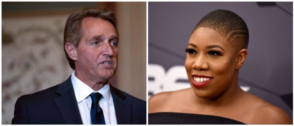 Jeff Flake and Symone Sanders (LEFT: Toya Sarno Jordan/Getty Images RIGHT: Dave Kotinsky/Getty Images for BET)