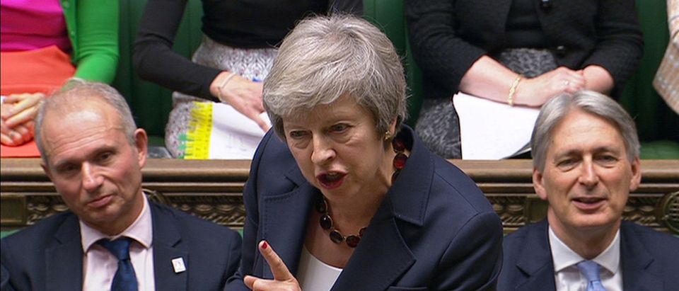 A still image from a video footage shows Britain's Prime Minister Theresa May speaking during Prime Minister's Questions in the House of Commons, in central London, Britain November 14, 2018. Parbul TV/Handout via Reuters TV