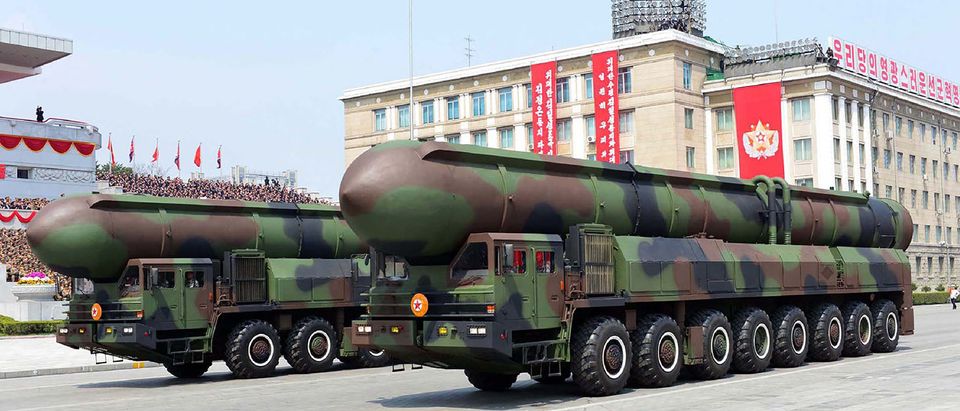 This April 15, 2017 picture released from North Korea's official Korean Central News Agency (KCNA) on April 16, 2017 shows Korean People's ballistic missiles being displayed through Kim Il-Sung square during a military parade in Pyongyang marking the 105th anniversary of the birth of late North Korean leader Kim Il-Sung. AFP/Getty Images