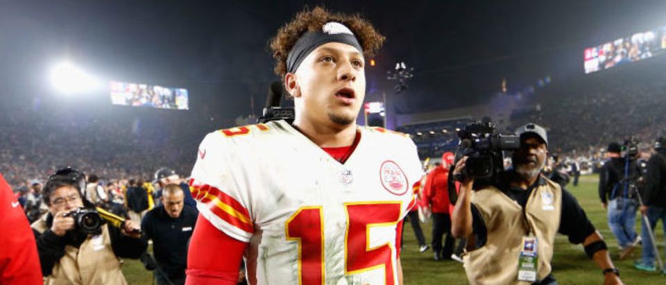 Patrick Mahomes #15 of the Kansas City Chiefs walks off the field after being defeated by the Los Angeles Rams 54-51 in a game at Los Angeles Memorial Coliseum on November 19, 2018 in Los Angeles, California. (Photo by Sean M. Haffey/Getty Images)