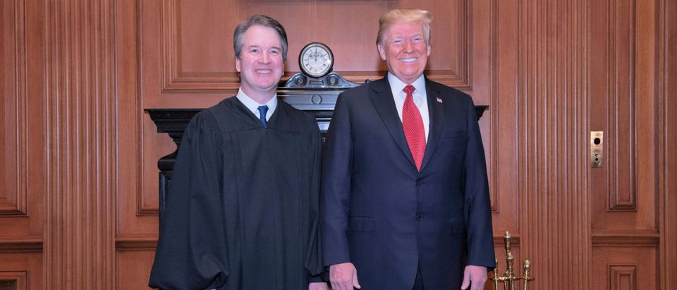 President Donald J. Trump and Justice Brett M. Kavanaugh at a courtesy visit in the Justices’ Conference Room prior to the investiture ceremony. (Fred Schilling, Collection of the Supreme Court of the United States)