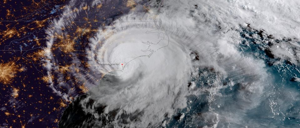Handout photo of Hurricane Florence is shown from a National Oceanic and Atmospheric Administration (NOAA) #GOESEast satellite shortly after the storm made landfall near Wrightsville Beach, North Carolina