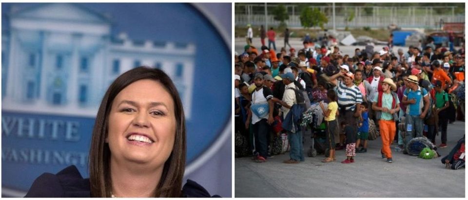 Sarah Sanders and the migrant caravan (LEFT: Chip Somodevilla/Getty Images RIGHT: ALFREDO ESTRELLA/AFP/Getty Images)