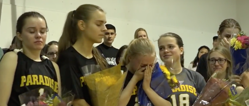 Paradise Adventist Academy's volleyball team surprised by opponents at Forest Lake Christian. Screen Shot/YouTube/V T