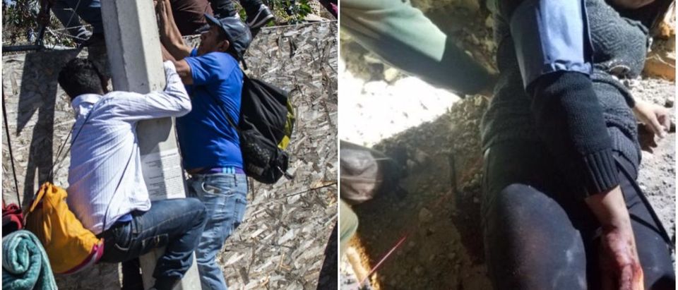 Left: Migrants scale border in Tijuana (PEDRO PARDO/AFP/Getty Images), Right: Woman impaled after climbing border wall (U.S. CBP)