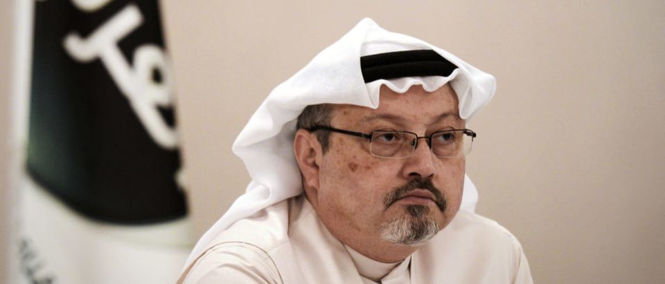 A general manager of Alarab TV, Jamal Khashoggi, looks on during a press conference in the Bahraini capital Manama, on Dec. 15, 2014. (Photo by MOHAMMED AL-SHAIKH / AFP)