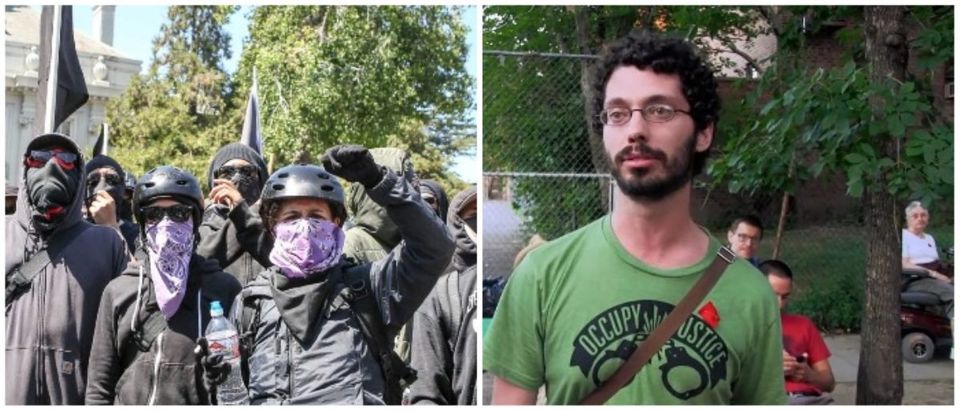 LEFT: Antifa members and counter protesters gather during a rightwing No-To-Marxism rally on August 27, 2017 at Martin Luther King Jr. Park in Berkeley, California. (AMY OSBORNE/AFP/Getty Images) RIGHT: Joseph Alcoff (Screenshot/YouTube)