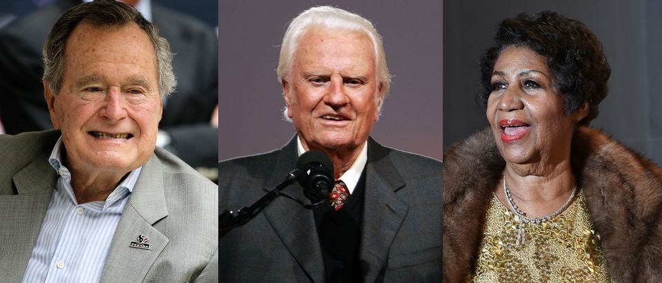 Here are some of the great Americans we lost in 2018: former president George H.W. Bush, preacher Billy Graham and 'Queen of Soul' Aretha Franklin. Scott Halleran/Getty Images, Spencer Platt/Getty Images and MOLLY RILEY/AFP/Getty Images