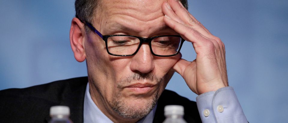 Former Secretary of Labor Tom Perez, a candidate for Democratic National Committee Chairman, looks at his notes during a Democratic National Committee forum in Baltimore, Maryland.