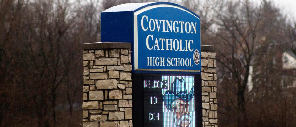 A school marker for Covington Catholic High School is pictured in Park Hills, Kentucky, U.S., Jan. 23, 2019. REUTERS/Madalyn McGarvey