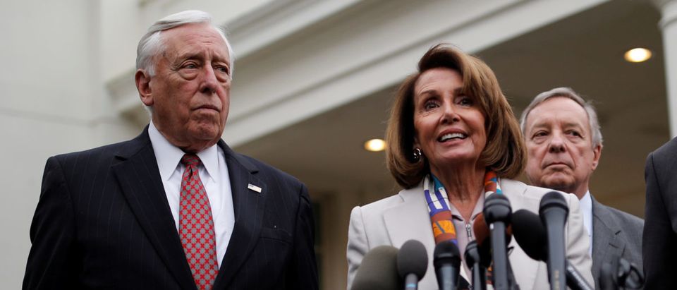 House Democratic leader Nancy Pelosi speaks to reporters with Senate Democratic leader Chuck Schumer, Rep. Steny Hoyer and Sen. Dick Durbin following a border security briefing with U.S. President Donald Trump and congressional leadership at the White House in Washington, U.S., Jan. 2, 2019. REUTERS/Carlos Barria