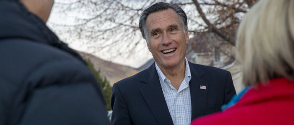 Mitt Romney, Republican U.S Senate candidate from Utah, speaks while canvassing -- Kim Raff - Bloomberg via Getty Images