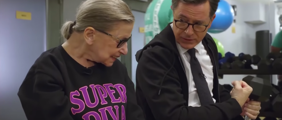 Stephen Colbert works out with RBG/ YouTube/ "The Late Show With Stephen Colbert"