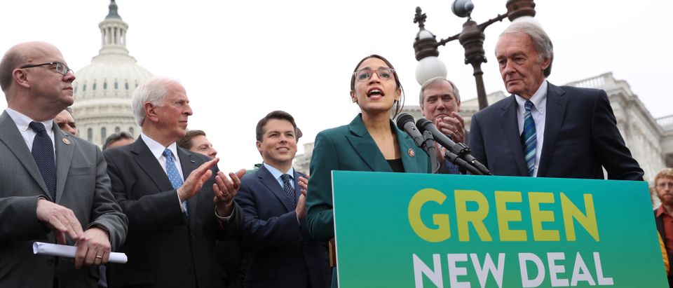 U.S. Representative Alexandria Ocasio-Cortez (D-NY) and Senator Ed Markey (D-MA) hold a news conference for their proposed "Green New Deal" to achieve net-zero greenhouse gas emissions in 10 years, at the U.S. Capitol in Washington, U.S. February 7, 2019. REUTERS/Jonathan Ernst