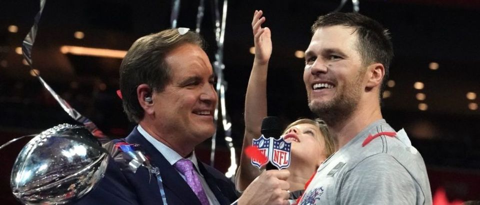 Quarterback for the New England Patriots Tom Brady celebrates after winning Super Bowl LIII against the Los Angeles Rams at Mercedes-Benz Stadium in Atlanta, Georgia, on February 3, 2019. (Photo by TIMOTHY A. CLARY / AFP/Getty Images)