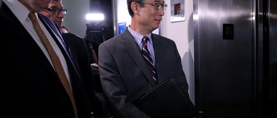Former Associate Deputy U.S. Attorney General Bruce Ohr enters an elevator after testifying behind closed doors before the House Judiciary and House Oversight and Government Reform Committees on his alleged contacts with Fusion GPS founder Glenn Simpson and former British spy Christopher Steele, who compiled a "dossier" of allegations linking Donald Trump to Russia, on Capitol Hill in Washington, U.S., Aug. 28, 2018. REUTERS/Chris Wattie