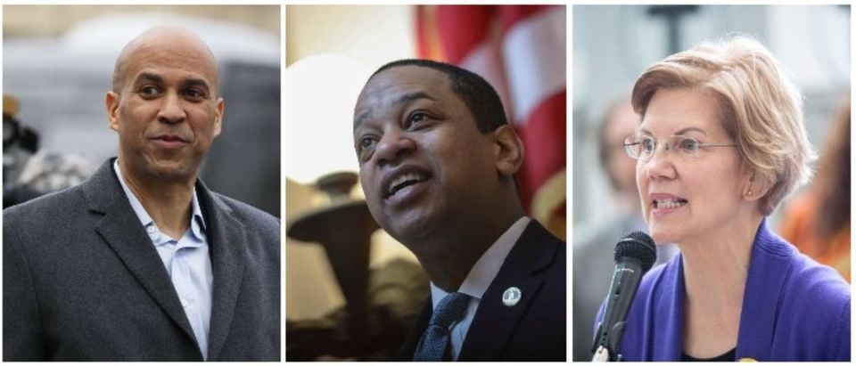 Cory Booker, Justin Fairfax, and Elizabeth Warren (LEFT: DOMINICK REUTER/AFP/Getty Images MIDDLE: Drew Angerer/Getty Images RIGHT: Scott Eisen/Getty Images)