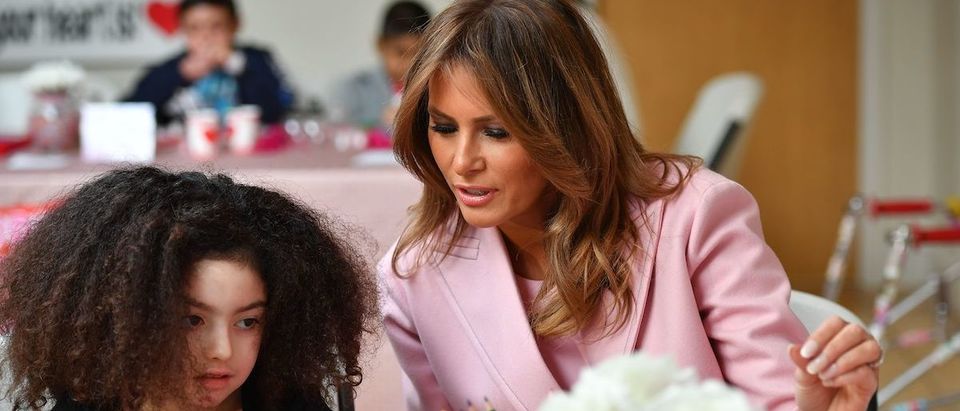 US First Lady Melania Trump visits children to celebrate Valentine's Day at the Children's Inn at the National Institute of Health (NIH) in Bethesda, Maryland, on February 14, 2019. - The Children's Inn at NIH serves as a home for children undergoing medical treatment and their families. (Photo credit: MANDEL NGAN/AFP/Getty Images)