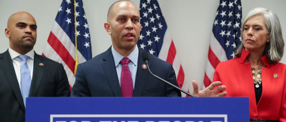 Democratic House caucus chairman U.S. Representative Hakeem Jeffries (D-NY), flanked by Representative Colin Allred (D-TX) and Representative Katherine Clark (D-MA), leads a news conference after a House Democratic party caucus meeting at the U.S. Capitol in Washington, U.S. January 9, 2019. REUTERS/Jonathan Ernst