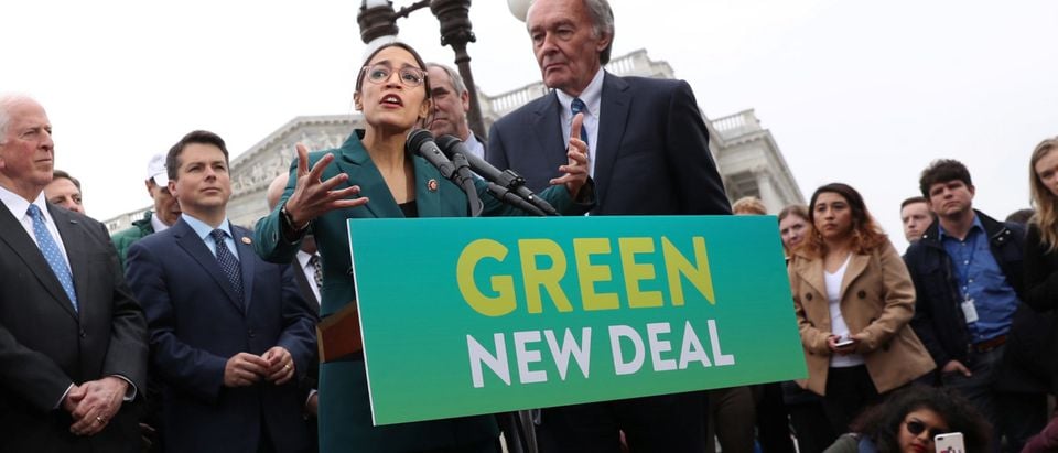 U.S. Representative Ocasio-Cortez and Senator Markey hold a news conference for their proposed "Green New Deal" to achieve net-zero greenhouse gas emissions in 10 years, at the U.S. Capitol in Washington