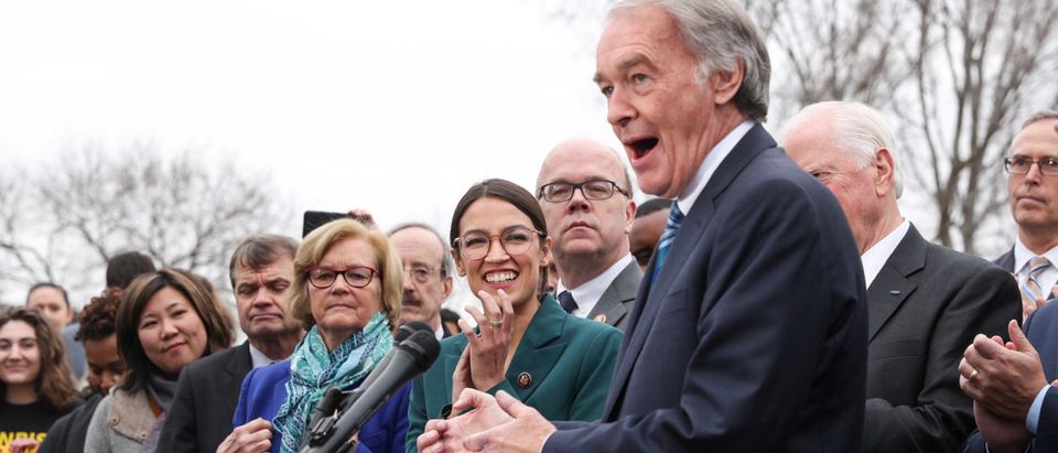 U.S. Representative Alexandria Ocasio-Cortez (D-NY) and Senator Ed Markey (D-MA) hold a news conference for their proposed "Green New Deal" to achieve net-zero greenhouse gas emissions in 10 years, at the U.S. Capitol in Washington, U.S. February 7, 2019. REUTERS/Jonathan Ernst