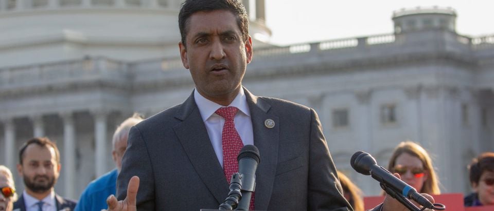 WASHINGTON, DC - APRIL 11: Rep Ro Khanna (D-CA) speaks at a rally with MoveOn members and allies gather with leading senators to demand that the Senate vote to reject Mike Pompeo's nomination for Secretary of State at US Capitol on April 11, 2018 in Washington, DC. (Photo by Tasos Katopodis/Getty Images for MoveOn.org)