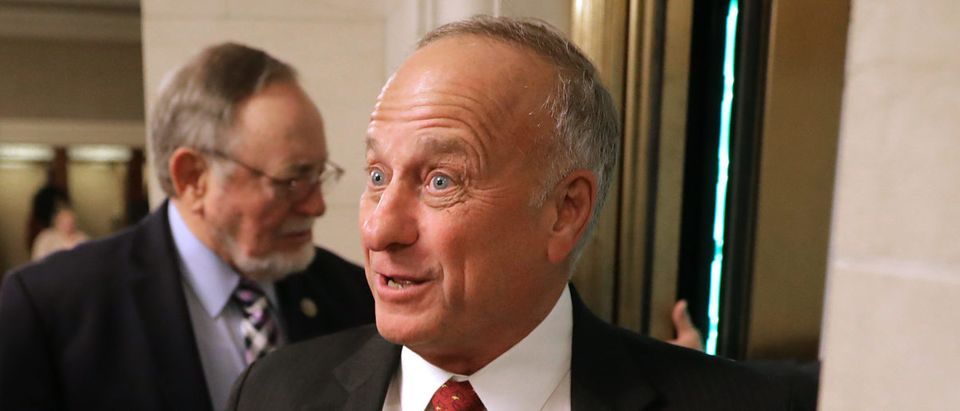 Rep. Steve King (R-IA) talks to reporters following leadership elections in the Longworth House Office Building on Capitol Hill November 14, 2018 in Washington, DC. (Photo by Chip Somodevilla/Getty Images)
