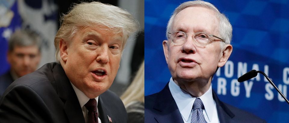 President Donald Trump went after former Democratic Senate Majority Leader Harry Reid on Twitter Feb. 25, 2019. Chip Somodevilla/Getty Images and Isaac Brekken/Getty Images for National Clean Energy Summit