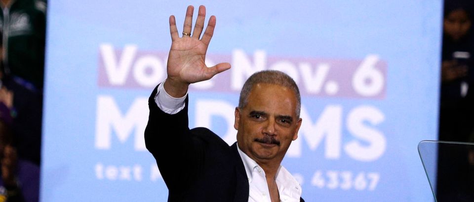 Former Attorney General Eric Holder speaks at a rally to support Michigan democratic candidates at Cass Tech High School on October 26, 2018 in Detroit, Michigan. (Photo by Bill Pugliano/Getty Images)