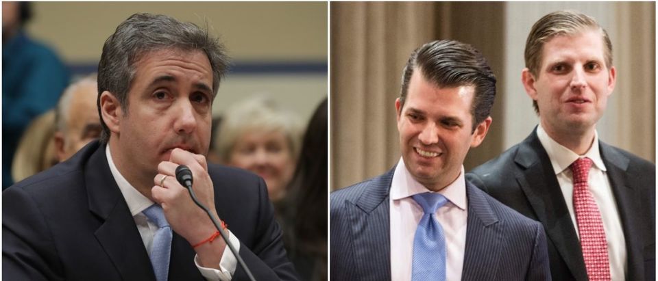 Left: Michael Cohen Testifies To House Oversight (Getty Images), Right: Donald Trump Jr. And Eric Trump (Getty Images)
