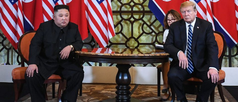 US President Donald Trump (R) and North Korea's leader Kim Jong Un hold a meeting during the second US-North Korea summit at the Sofitel Legend Metropole hotel in Hanoi on February 28, 2019. (SAUL LOEB/AFP/Getty Images)
