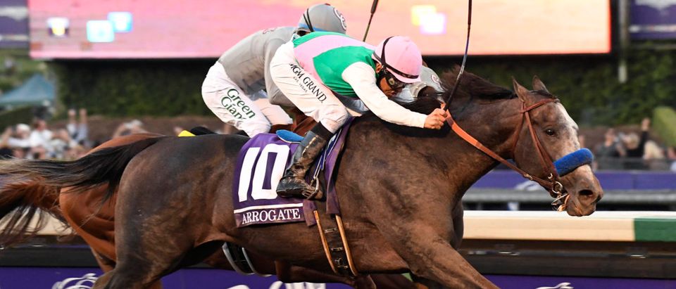 Mike Smith aboard Arrogate takes the lead in front of Victor Espinoza aboard California Chrome in race twelve during the 33rd Breeders Cup world championships at Santa Anita Park. Mandatory Credit: Richard Mackson-USA TODAY Sports/Reuters