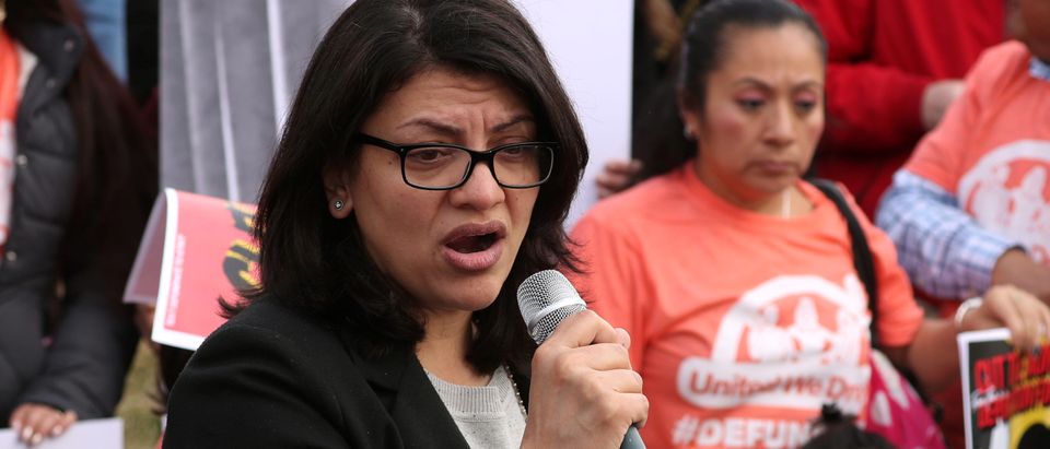 U.S. Representative Rashida Tlaib participates in a news conference to call on Congress to cut funding for ICE (Immigration and Customs Enforcement), at the U.S. Capitol in Washington