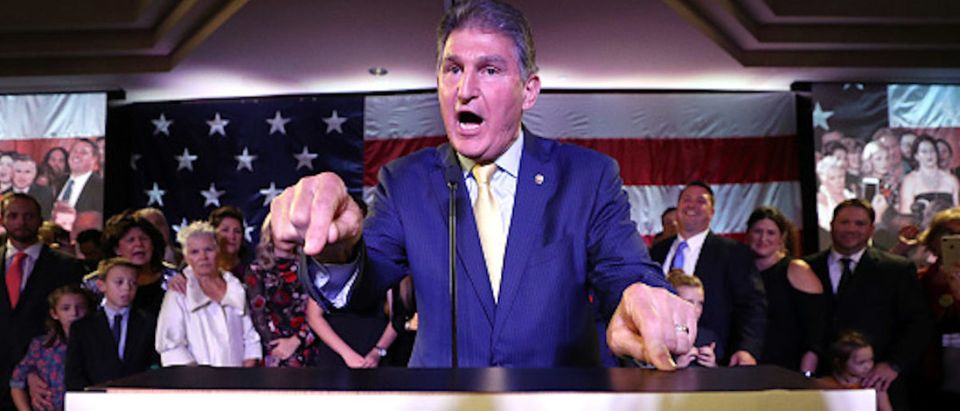 Sen. Joe Manchin celebrates at his election day victory party at the Embassy Suites on Nov. 6, 2018 in Charleston, West Virginia. (Photo by Patrick Smith/Getty Images)