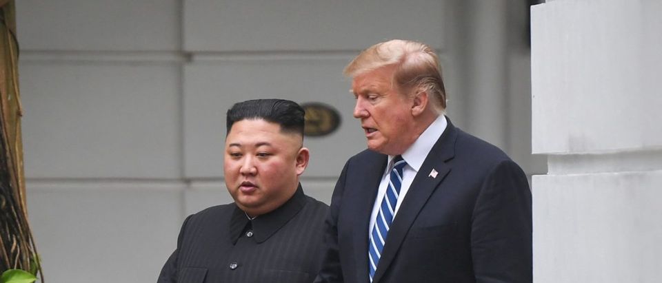 US President Donald Trump (R) walks with North Korea's leader Kim Jong Un (L) during a break in talks at the second US-North Korea summit at the Sofitel Legend Metropole hotel in Hanoi on February 28, 2019. (SAUL LOEB/AFP/Getty Images)
