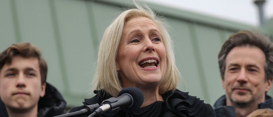 Surrounded by her family, Sen. Kirsten Gillibrand announces that she will run for president in 2020 outside the Country View Diner, Jan. 16, 2019 in Troy, New York. (Photo by Drew Angerer/Getty Images)