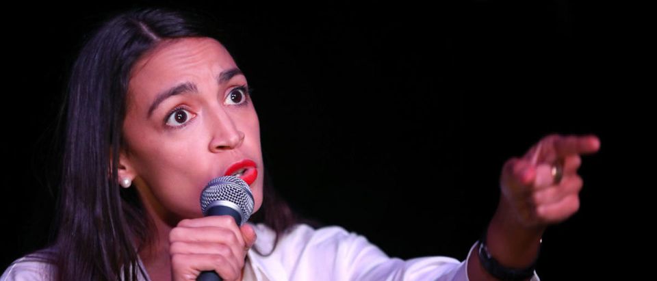 Alexandria Ocasio-Cortez addresses the crowd gathered at La Boom night club in Queens on Nov. 6, 2018 in New York City. (Photo by Rick Loomis/Getty Images)