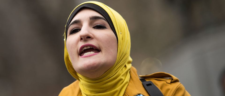 Activist Linda Sarsour speaks during a 'Women For Syria' gathering at Union Square, April 13, 2017 in New York City. (Photo by Drew Angerer/Getty Images)