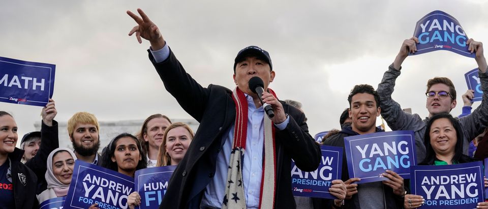 Democratic presidential candidate Andrew Yang speaks during a rally at the Lincoln Memorial in Washington, U.S., April 15, 2019. REUTERS/Joshua Roberts